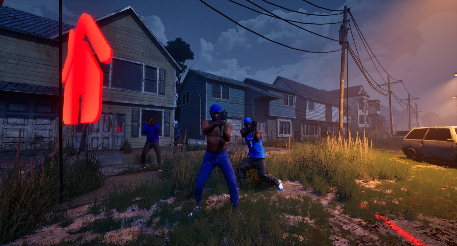 Three armed players hold a weedy residential block at night beside a glowing red house marker.