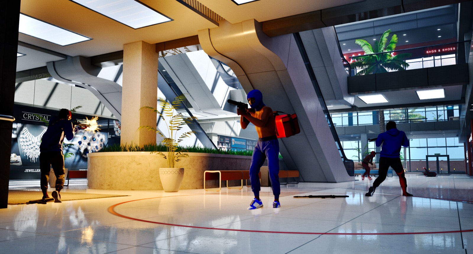 Players fight across a bright multi-level mall atrium with a jewelry store and an escalator.
